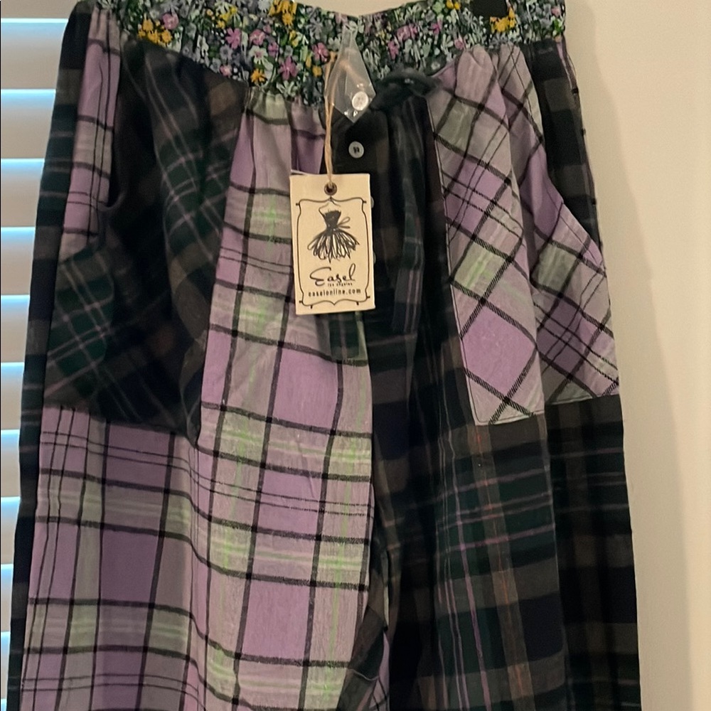 Easel Patchwork Plaid Pants in Purple, green and flowers around the waist!!!